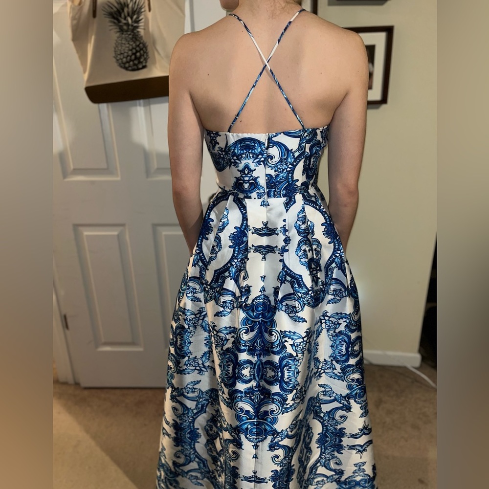 Blue & White Printed Prom Gown - Picture 2 of 4